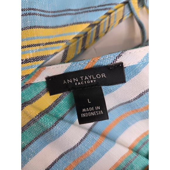 Ann Taylor Linen Blend V Neck Grren Blue Striped Blouse Top Ruffles Large - Picture 5 of 6